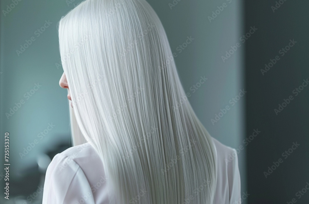 Naklejka premium Silky smooth, straight silver hair of a woman.Sleek Silver Hair Elegance. 