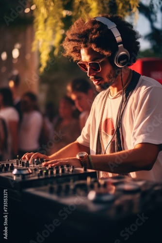 A man wearing headphones is playing a DJ set. This image can be used to depict a DJ at a party or event
