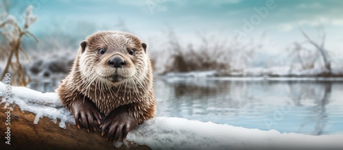 River Otter on the Bank of the Sacramento River in Winter. Creative Banner. Copyspace image