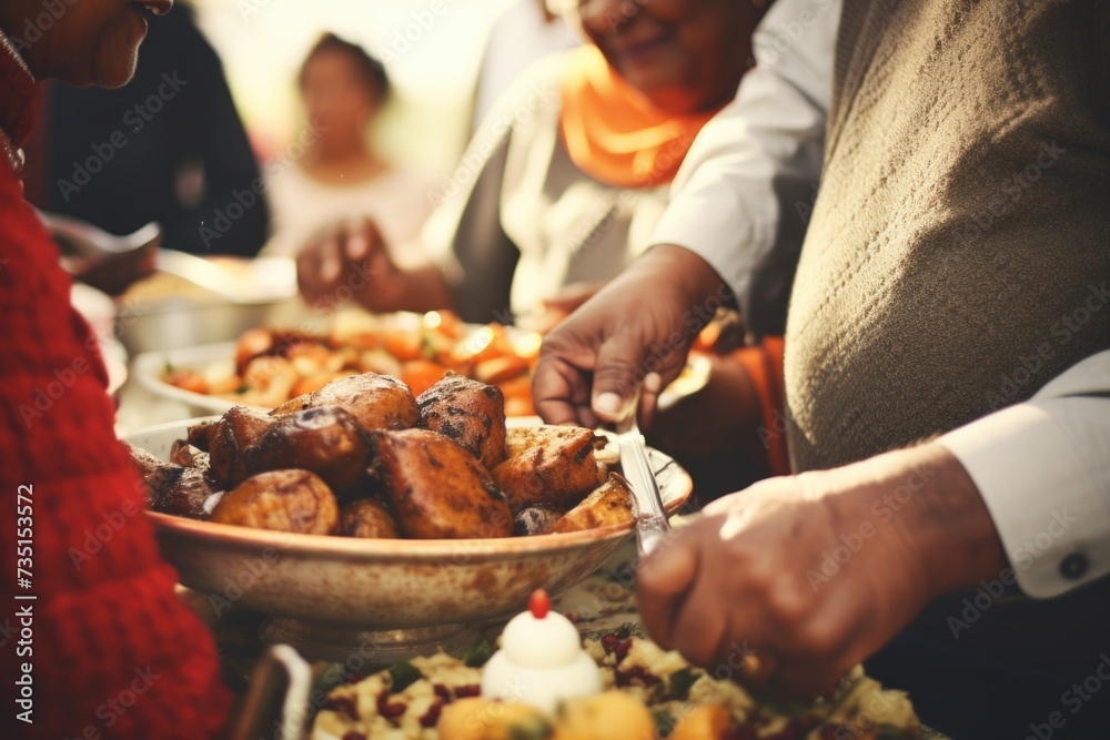 A group of people standing around a table filled with a variety of delicious food. Perfect for showcasing gatherings, celebrations, and family meals