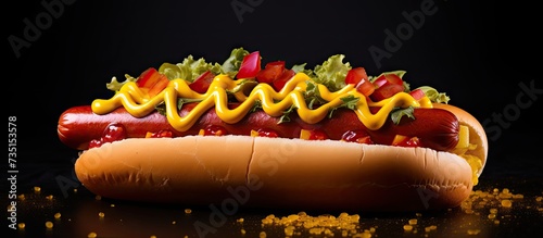 Two appetizing hotdog with mustard and ketchup close up. Creative Banner. Copyspace image photo