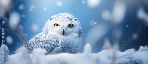 Snowy owl Bubo scandiacus perched in snow during snowfall Arctic owl with open beak while hooting song Beautiful white polar bird with yellow eyes Winter in wild nature habitat. Creative Banner