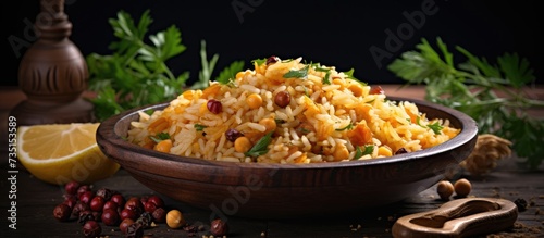 Turkish Rice with chickpea served Turkish name Nohutlu pilav or pilaf. Creative Banner. Copyspace image photo