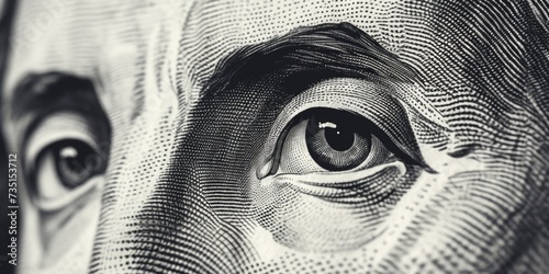 Close-up view of a person's eye on a dollar bill. Can be used to represent finance, money, wealth, or surveillance.