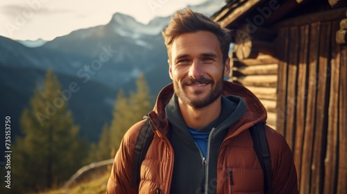 portrait of attractive middle aged man in sportive outfit, hiking outdoor in the mountains #735153750