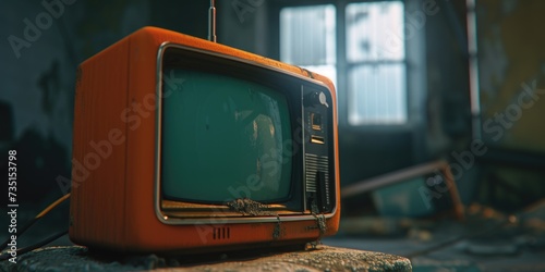 An orange television sitting on top of a rock. Suitable for technology or entertainment concepts