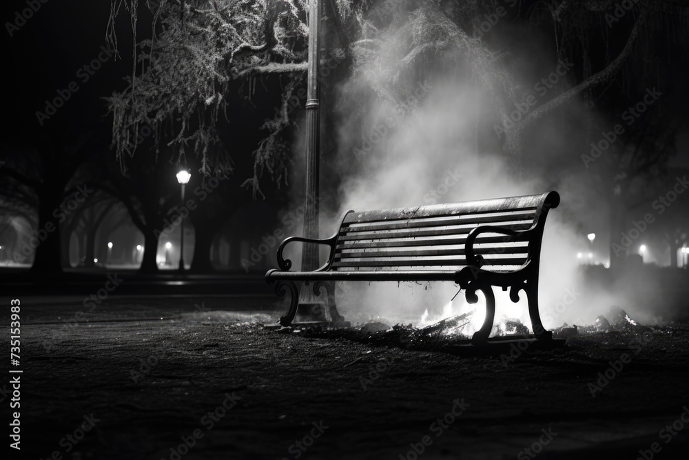 A peaceful park bench illuminated by the moonlight. Perfect for capturing the tranquility of a nighttime park scene.