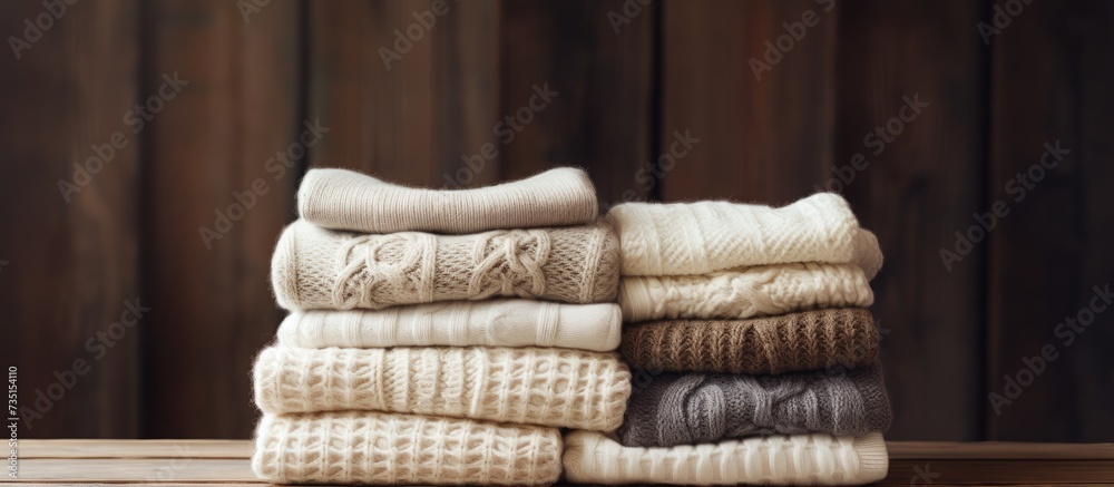 Stack of white cozy knitted sweaters on a wooden table faded retro style image. Creative Banner. Copyspace image