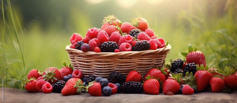 Wicker basket with different fresh ripe berries outdoors closeup. Creative Banner. Copyspace image Wicker basket with different fresh ripe berries outdoors closeup. Creative Banner. Copyspace image