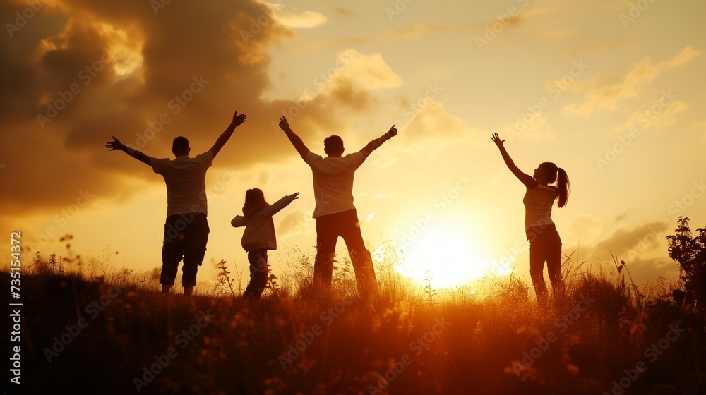 happy family on the sunset. silhouette concept