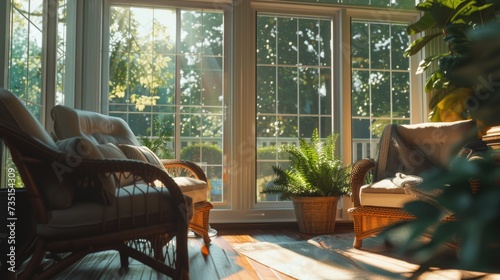 A cozy sun room with two chairs and a table. Perfect for relaxation and enjoying the sunlight