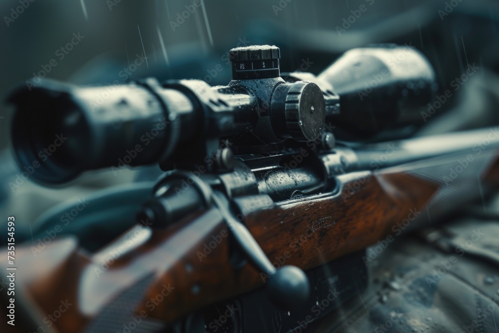 A close-up view of a rifle with a scope attached. This image can be used to depict firearms, hunting, military equipment, or precision shooting A close-up view of a rifle with a scope attached. This image can be used to depict firearms, hunting, military equipment, or precision shooting