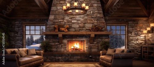 Stone fireplace in a stylish and rustic cabin lodge living room den area with pine built in chandelier and view of the upstairs. Creative Banner. Copyspace image photo