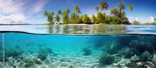 Tropical seascape many sea anemones with fish underwater and coconut palm trees on the seashore split view over under water surface French Polynesia Pacific ocean Oceania. Creative Banner