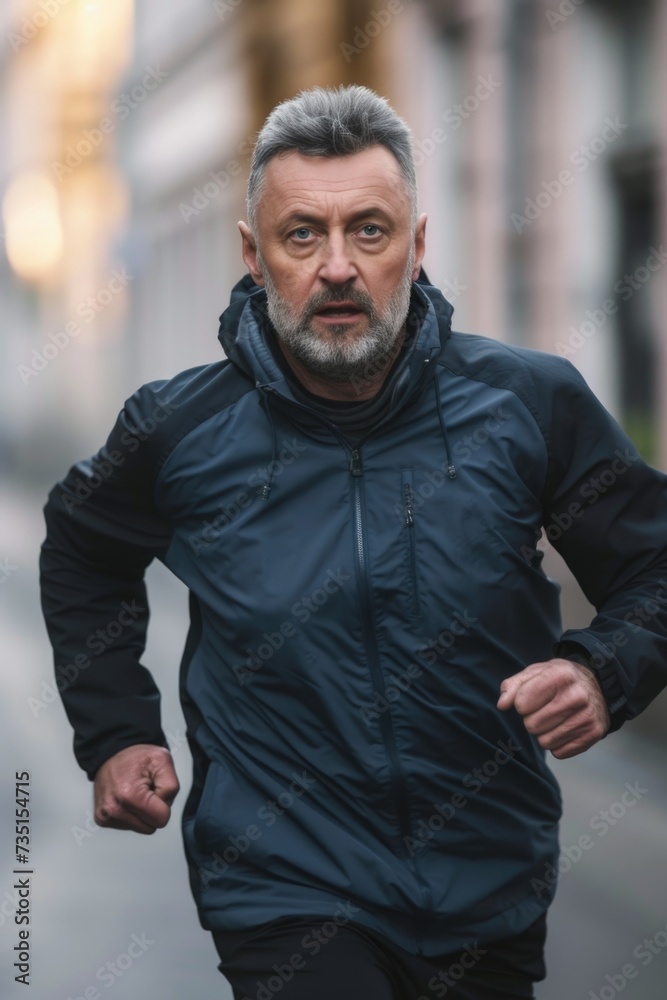 A man in a blue jacket running down the street. Suitable for fitness, exercise, and urban lifestyle themes A man in a blue jacket running down the street. Suitable for fitness, exercise, and urban lifestyle themes