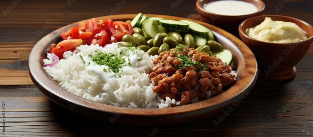 Turkish traditional meal beans rice mixed pickles and tzatziki. Creative Banner. Copyspace image Turkish traditional meal beans rice mixed pickles and tzatziki. Creative Banner. Copyspace image