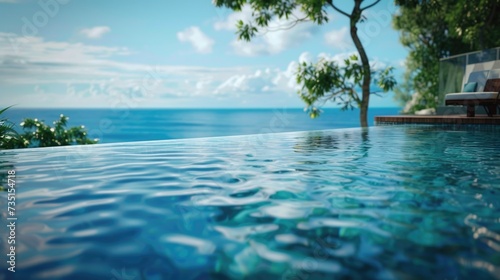 A captivating view of the ocean seen from a luxurious swimming pool. Perfect for travel brochures or vacation advertisements