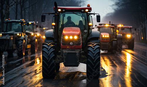 Convoy of Modern Agricultural Tractors on a Wet Road at Twilight, Representing Farming Machinery in Action During Seasonal Fieldwork © Bartek
