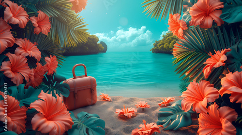 Tropical lagoon and beach framed beautiful orange flowers.  suitcase on the beach. Travel and sea vacation. photo