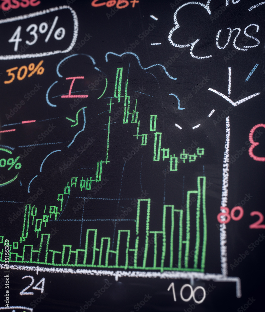 Green growing financial graph drawn on a black chalkboard. Green growing financial graph drawn on a black chalkboard.