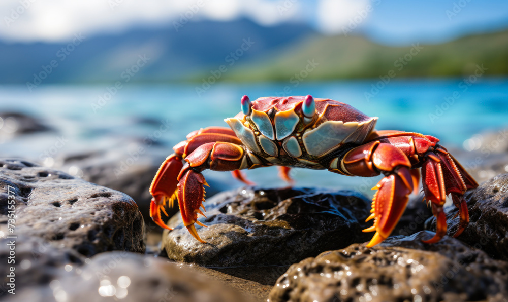 Vibrant Sally Lightfoot Crab Perched on Rocky Shore with Ocean Background, Wildlife in Natural Habitat, Coastal Ecosystem and Marine Life Vibrant Sally Lightfoot Crab Perched on Rocky Shore with Ocean Background, Wildlife in Natural Habitat, Coastal Ecosystem and Marine Life