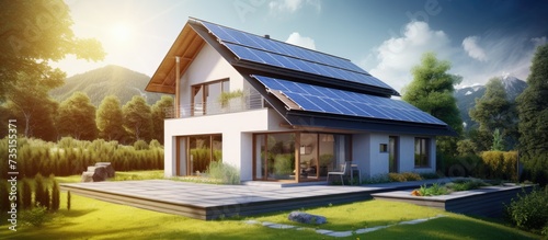 Modern House Construction Solar water heating SWH systems use roof solar panels Home Skylights Dormer Ventilation Eco Smart House Energy Efficiency. Creative Banner. Copyspace image photo