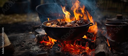 Preparation of a meal on open fire Bonfire and cauldron close up photo with selective focus. Creative Banner. Copyspace image