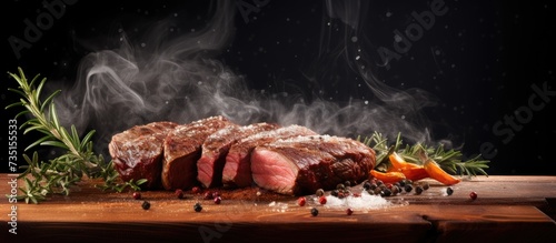 Roast beef on cutting board with saltcellar and pepper mill. Creative Banner. Copyspace image photo