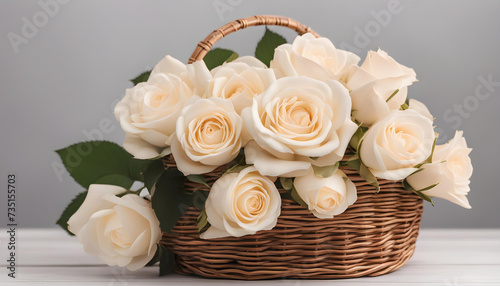 white roses in a wicker basket on a white background.