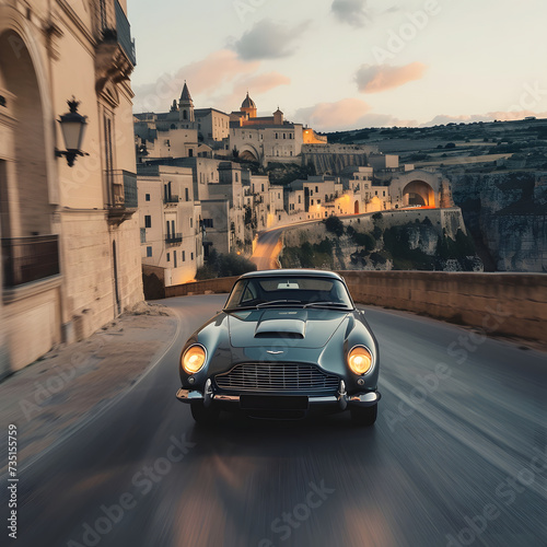 a vintage car in high speed in a road of Matera in Italy 