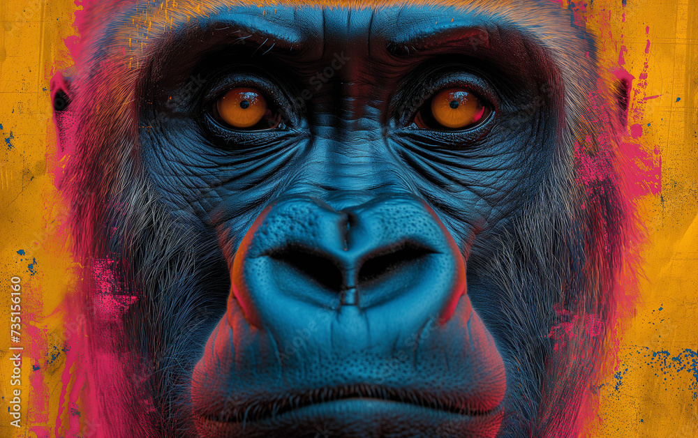 Creative portrait of gorilla animal close up face looking at camera. 
