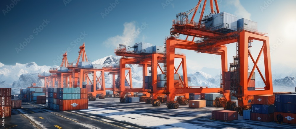 The RTG Rubber Tried Gantry Cranes pick up full loaded containers on truck at industrial port and container yard for delivery to customers. Creative Banner. Copyspace image