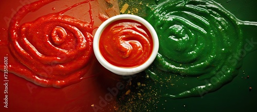 mexican red and green sauces spicy hot chili sauce made with chilli pepper garlic and tomatoes food in Mexico city. Creative Banner. Copyspace image © HN Works