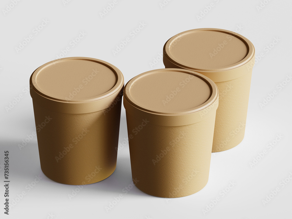Ice cream craft paper container package 3D render. 3d realistic blank paper yogurt. Frozen gelato dessert eco recycle packing design Ice cream craft paper container package 3D render. 3d realistic blank paper yogurt. Frozen gelato dessert eco recycle packing design
