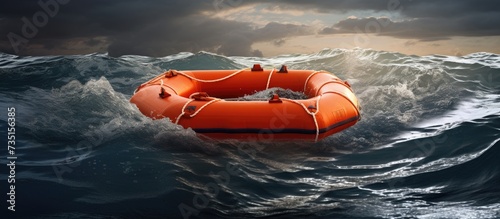 SOS at Sea Life Raft Floating on Troubled Waters. Creative Banner. Copyspace image