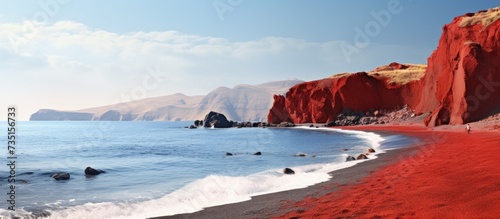 Fototapeta Naklejka Na Ścianę i Meble -  Santorini Greece Red Beach is one of the most beautiful and famous beaches of Thira island Aegean Sea Cyclades. Creative Banner. Copyspace image