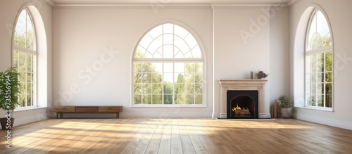 Spacious living room with high ceiling big arch window fireplace and new hardwood floor in empty new house. Creative Banner. Copyspace image photo