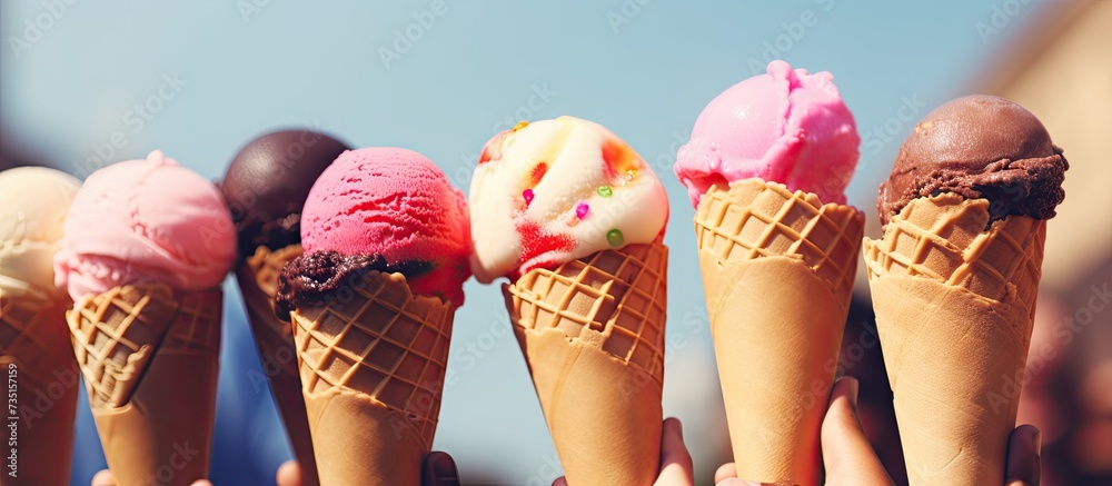 Multicultural group of friends toasting with colorful ice creams outdoors. Creative Banner. Copyspace image