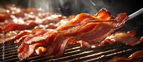 Tongs holding crispy smoked grilled barbecue bacon slice cooked on bbq smoke grill close up. Creative Banner. Copyspace image photo