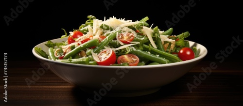 Warm salad with green beans tomatoes and parmesan cheese. Creative Banner. Copyspace image