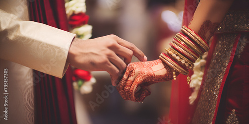 Hands of bride and groom holding hands during wedding ceremony.