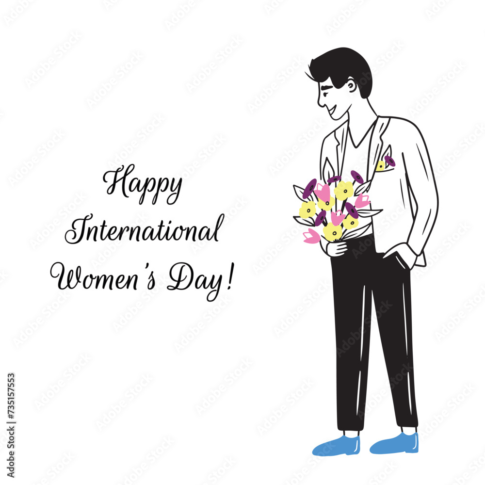 Happy international women's day greeting card design. Beautiful man with pastel flowers bouquet in suit standing and making gift. Hand drawn people sketch vector doodle illustration. Holiday spring Happy international women's day greeting card design. Beautiful man with pastel flowers bouquet in suit standing and making gift. Hand drawn people sketch vector doodle illustration. Holiday spring
