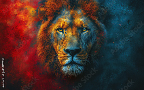 Creative abstract art portrait of beautiful lion on red gray wall.