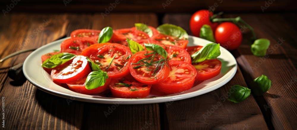 summer salad with tomatoes in white plate on wood table. Creative Banner. Copyspace image