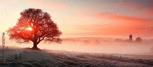 Misty morning over Chipping Campden Cotswolds England. Creative Banner. Copyspace image photo