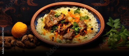 Pilaf with lamb Traditional oriental hot dish of boiled rice lamb vegetables and spices in a plate with national Uzbek ornaments. Creative Banner. Copyspace image
