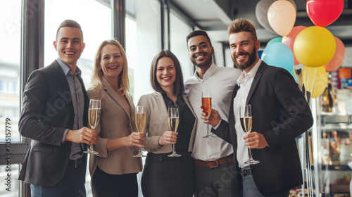Empresários multiétnicos tilintando taças de champanhe em festa no escritório