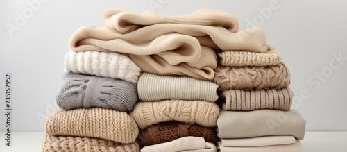 Pile of beige woolen clothes on a white background Warm knitted sweaters and scarfs are folded in one heap. Creative Banner. Copyspace image