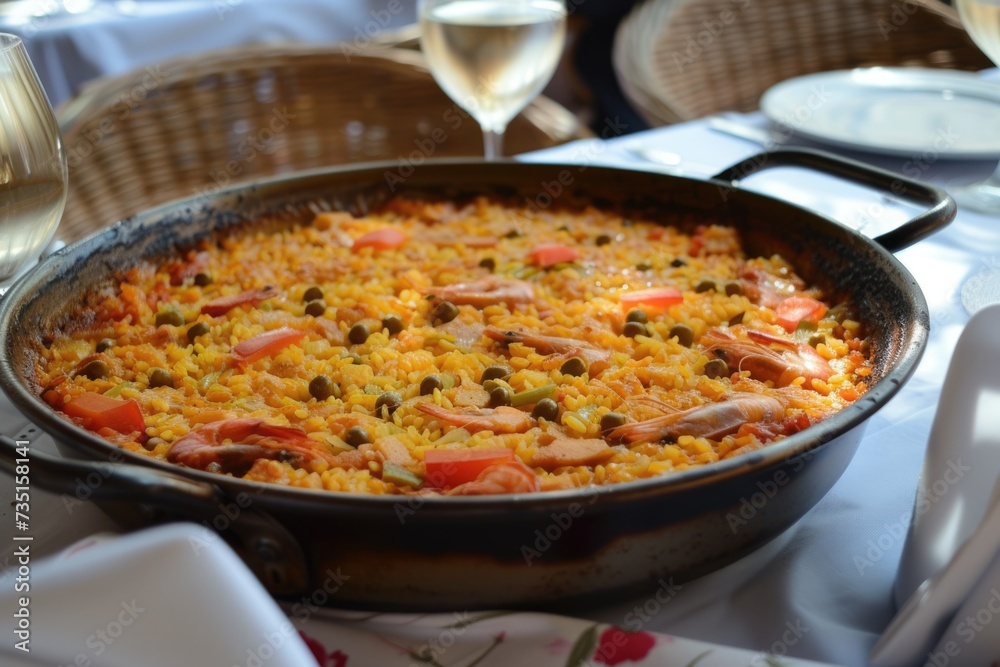 Traditional Spanish paella with seafood, chicken, rice and vegetables served in a pan Traditional Spanish paella with seafood, chicken, rice and vegetables served in a pan
