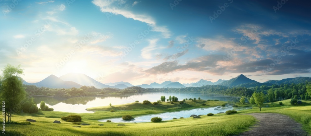 Misty Morning Landscape with Calm Atmosphere and Tranquil Greenery. Creative Banner. Copyspace image